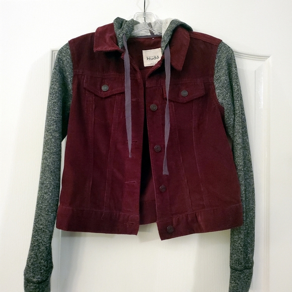 Mudd Jackets & Blazers - Mudd S Burgundy Grey Corduroy Hooded Jacket